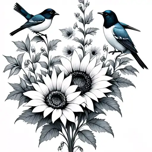 fine line flowers using larkspur sunflower and a Clematis with 3 birds in it tattoo design idea