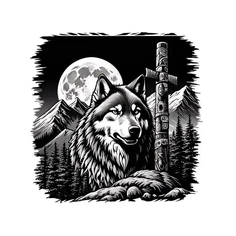 Mountain with full moon in the background that incorporates blackfoot native totem poles and a wolf tattoo design idea