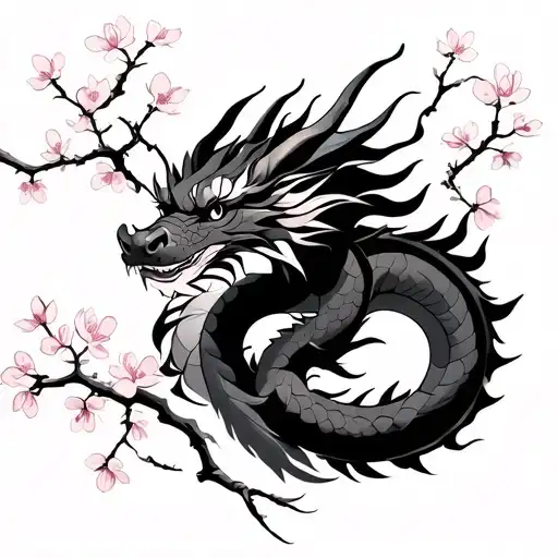 Japanese style dragon wrapped around  cherry blossom branch and cherry blossoms behind the dragon tattoo design idea