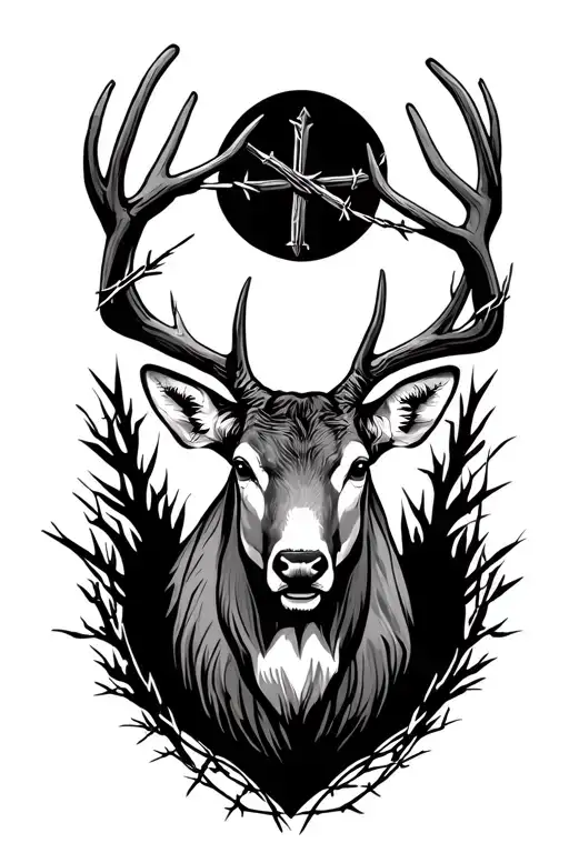 buck, cross, barbed wire fence in front tattoo design idea