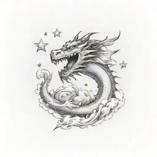 Dragon with stars and clouds tattoo design idea