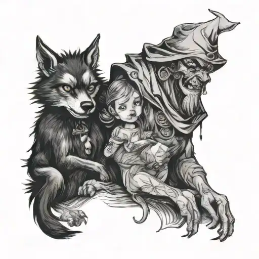 Werewolf with a baby witch daughter tattoo design idea