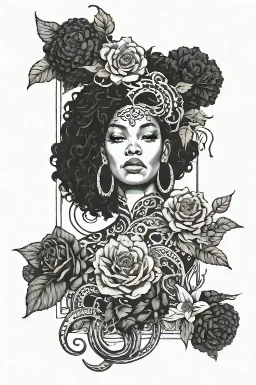 tarot card tattoo with an image of a black woman with a large snake medusa-like afro on the card and florals around  tattoo design idea