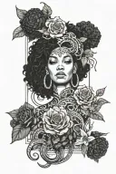 tarot card tattoo with an image of a black woman with a large snake medusa-like afro on the card and florals around  tattoo design idea