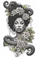 tarot card tattoo with an image of a black woman with a large snake medusa-like afro on the card and florals around  tattoo design idea