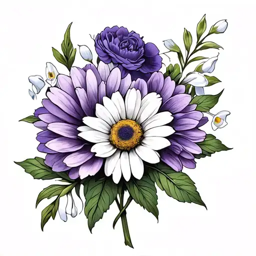 Shoulder tattoo with Violet & Primrose, Daisy & Sweet Pea, Carnation & Snowdrop & Chrysanthemum flowers tattoo design idea