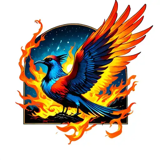 firebird flying out of fire and into night sky tattoo design idea