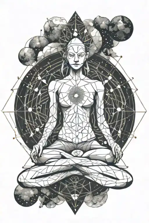 simple  warrior meditation pose with universe inside surrounded tattoo design idea
