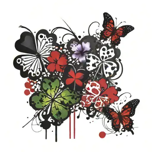 4 clover hearts with a red 7 in the middle surrounded by violets tattoo design idea