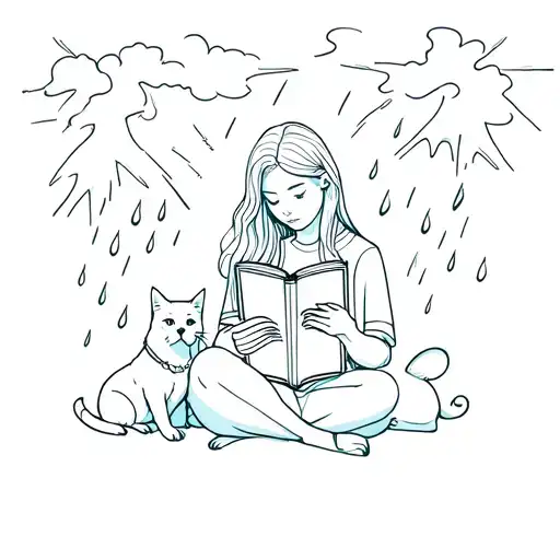 A girl with long hair reading a book with a cat and dog beside her while there is a thunderstorm and rain.  tattoo design idea