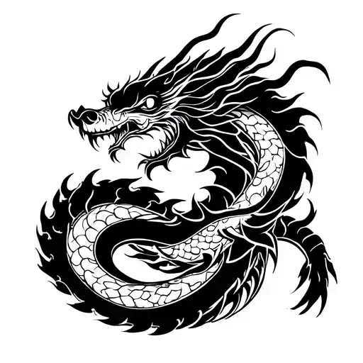 Minimalist black linework tattoo design of a coiling dragon with clean, smooth lines.  tattoo design idea