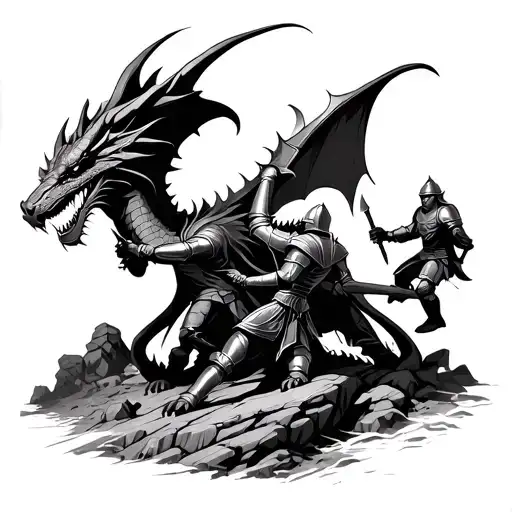 knights fighting a dragon on rocky terrain tattoo design idea