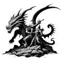 knights fighting a dragon on rocky terrain tattoo design idea
