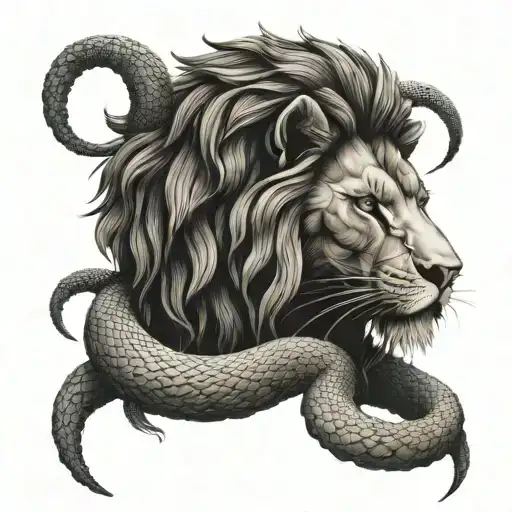A geometric interpretation of a lion and snake intertwined in a never-ending loop, symbolizing the eternal cycle of life and death, with subtle nods to Zeus's thunderbolt tattoo design idea