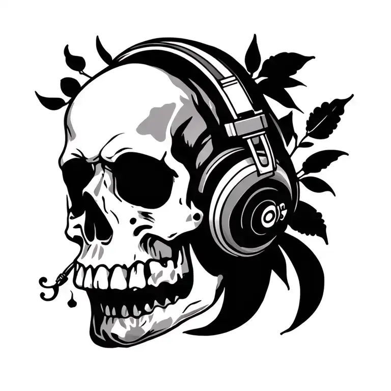 skull wearing headphones tattoo design idea