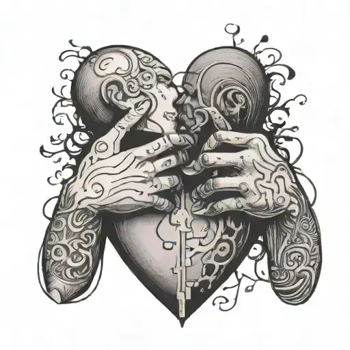 2 people reaching for each other with a wall in between. and a heart with a lock tattoo design idea