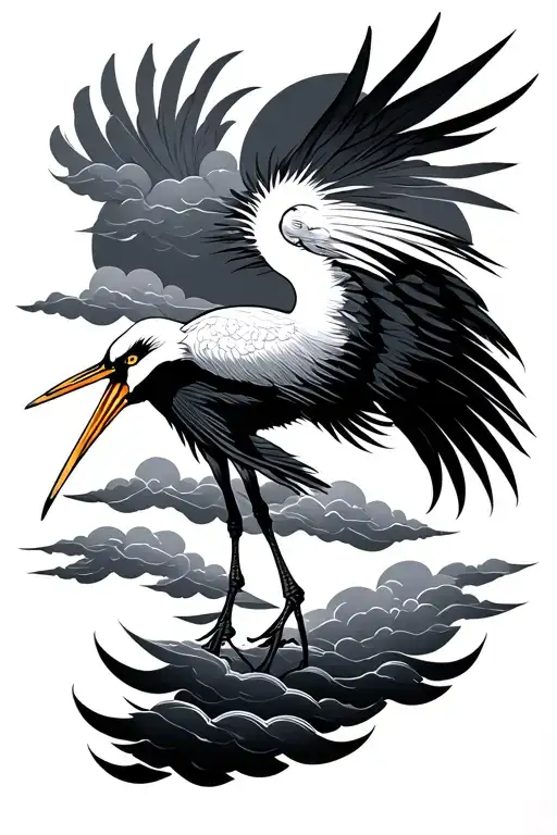 japanese crane with windbars, clouds surrounding tattoo design idea