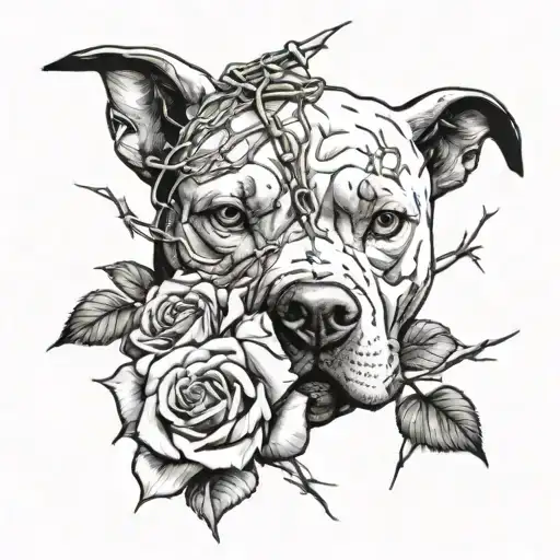 pit bull and cracked skull with roses and barbed wire  tattoo design idea