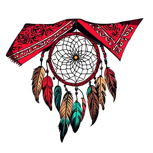 Red bandana around a dream catcher tattoo design idea
