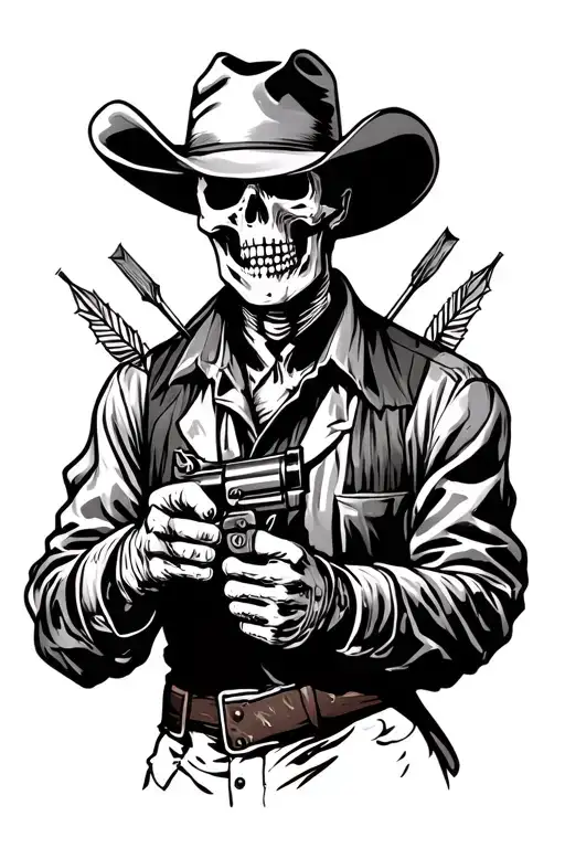 skeleton cowboy, Red Dead Redemption 2 style, using a navy revolver, worn out clothes, with 2 arrows in the chest tattoo design idea