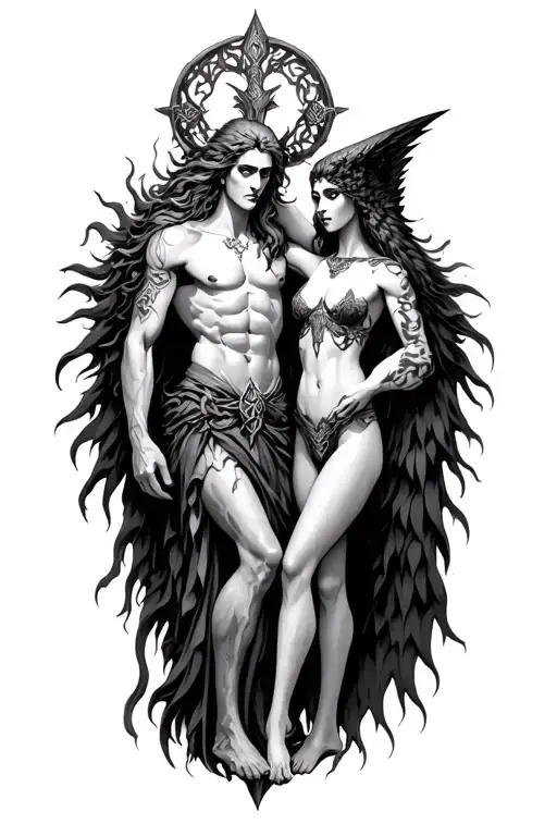 the dagda Irish god and the morrigan god next to eachother tattoo design idea
