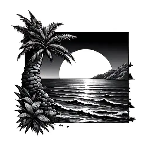 fineline tattoo with a sunset over the ocean and portuguese tiles  tattoo design idea