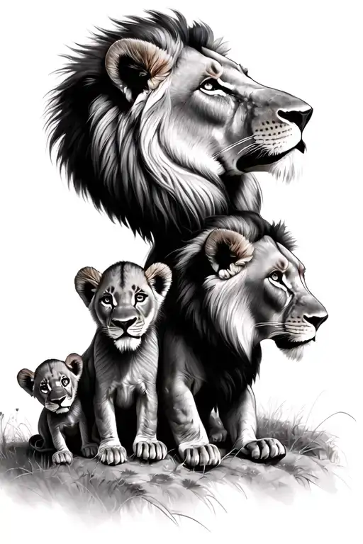 lion family with 3 cubs tattoo design idea