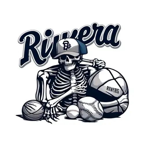 Skeleton with baseball and basketball and the name rivera with a san diego padres hat tattoo design idea