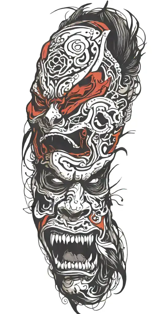 man wearing oni mask fighting off inner demons tattoo design idea