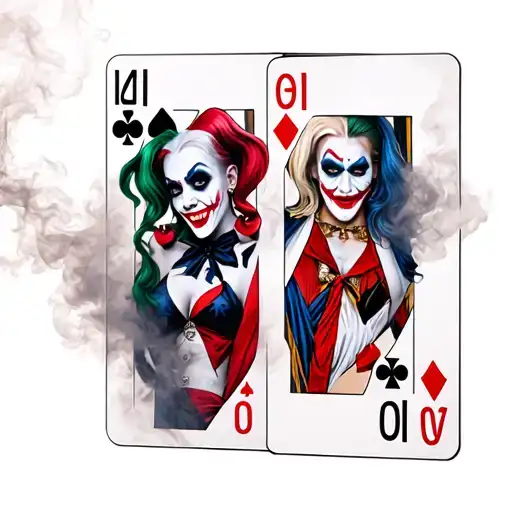 A smoke-filled background with Harley Quinn and Joker playing cards tattoo design idea