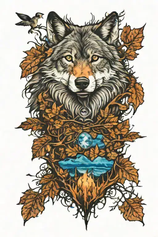 wolf in blue eyes howling forest scene tattoo design idea
