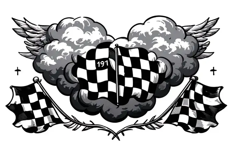 est 1991 cloud background small checkered flags on each side  tattoo design idea