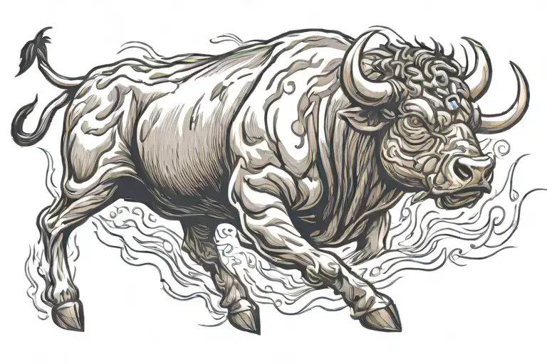 Bull Charging through fire with fierce face and red eyes  tattoo design idea