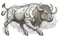 Bull Charging through fire with fierce face and red eyes  tattoo design idea