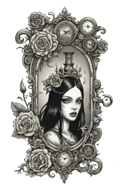 Alice madness returns with steam punk and flowers intertwined inside an antique mirror tattoo design idea