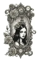 Alice madness returns with steam punk and flowers intertwined inside an antique mirror tattoo design idea