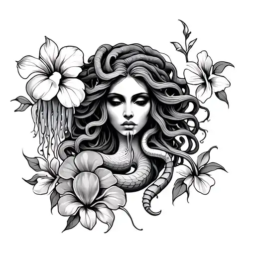a Medusa tattoo with a jellyfish a snake and a scorpion with hibiscus flowers tattoo design idea