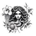 a Medusa tattoo with a jellyfish a snake and a scorpion with hibiscus flowers tattoo design idea