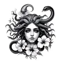 a Medusa tattoo with a jellyfish a snake and a scorpion with hibiscus flowers tattoo design idea