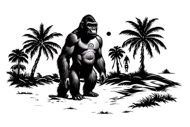 gorilla in African safari scene with the sun shining with African symbols on a chest  tattoo design idea