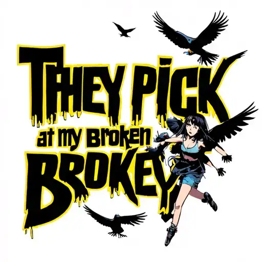 The text" They pick at my broken body" in a bold font and an image of birds attacking a girl tattoo design idea
