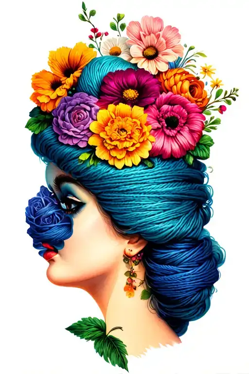 side profile 1950s female face with yarn exploding from top of head surrounded by flowers. lots of color tattoo design idea