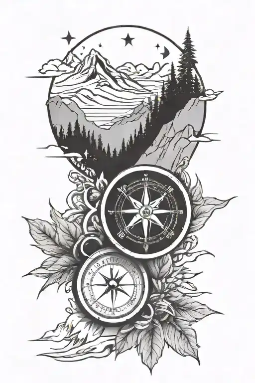 minimalistic black and white fineline mens forearm tattoo featuring an old style compass, mountains, snowboarding, a mot tattoo design idea