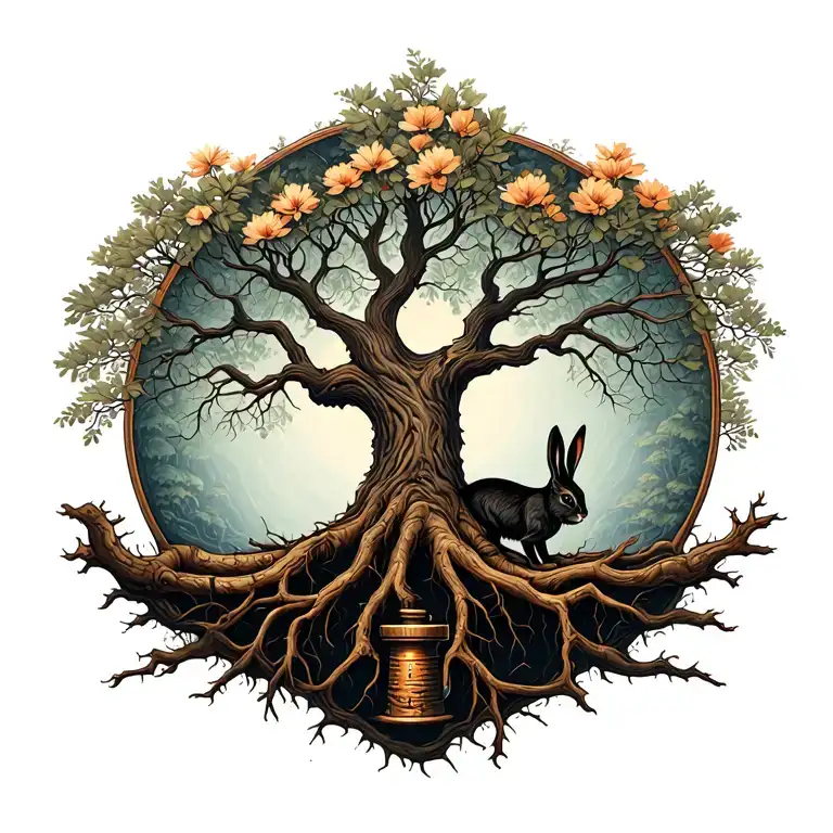 Tree of life, very worked roots and a rabbit with a blacksmith in the roots tattoo design idea