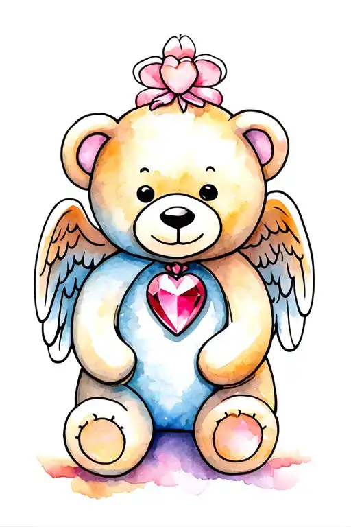simple design of a teddy bear with angel wings and a heart shaped gem  tattoo design idea