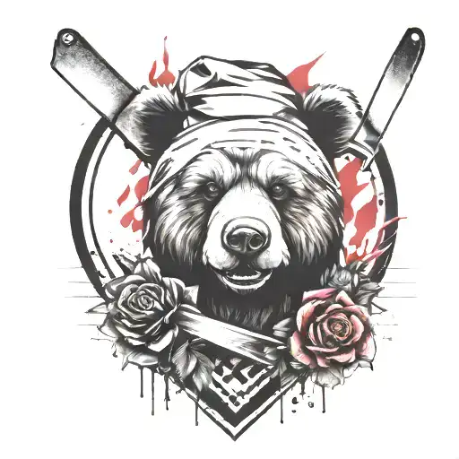 trash polka style tattoo featuring teddy bear and chef knife tattoo design idea