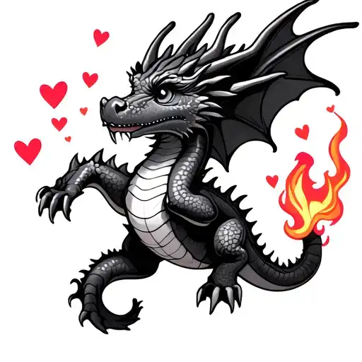 dragon flying with hearts as skin like hand drawn hearts make the dragon cute breathing fire tattoo design idea