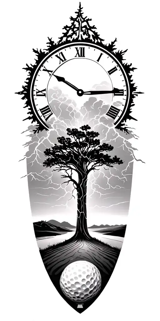 lightining storm and time and nature and golf course tattoo design idea
