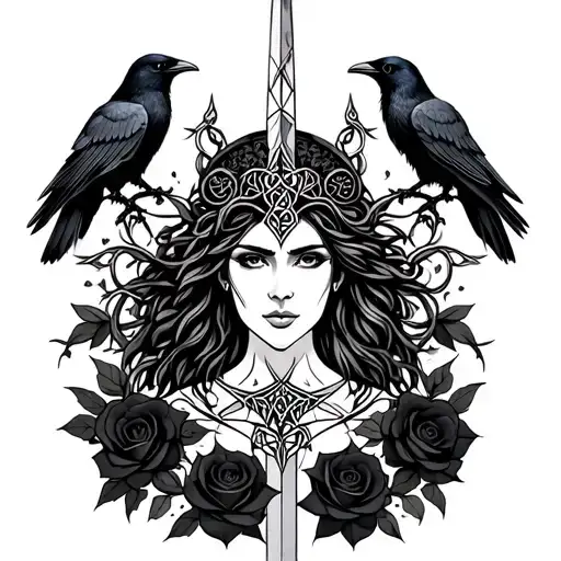 Celtic Goddess, Morrigan. Surrounded by ravens, black roses and swords tattoo design idea