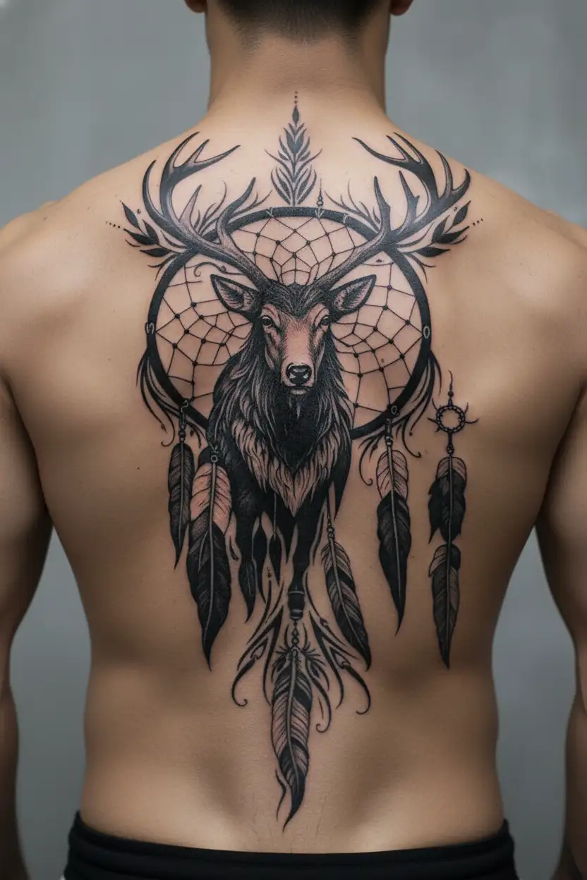 elk skinwalker night sky dream catcher in ghost town  tattoo design idea